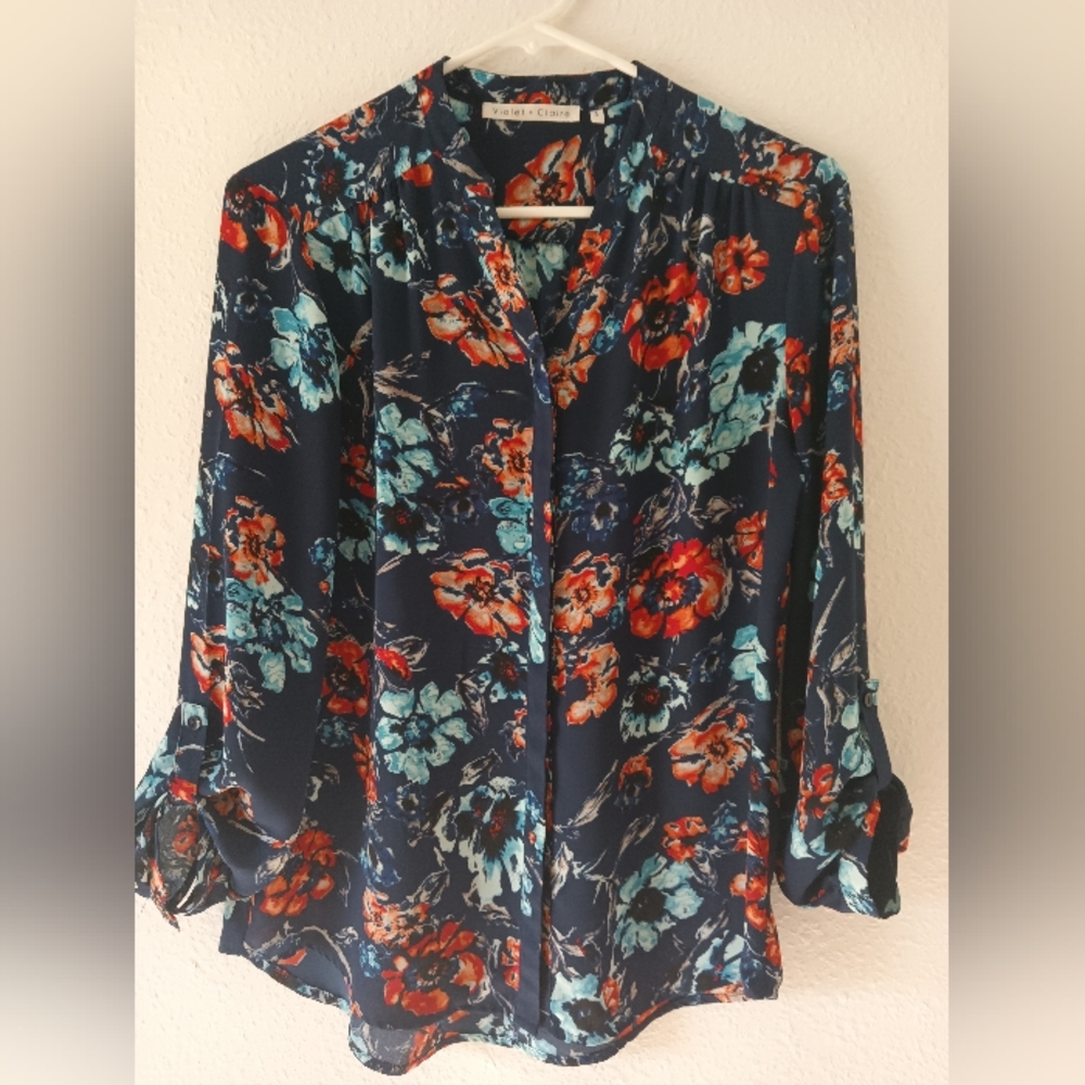 Floral Navy Button Down Blouse